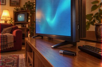 USB-флешка лежит рядом с современным телевизором, на боковой панели которого виден USB-разъём.